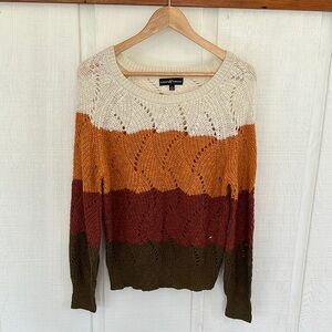 Almost Famous Fall Women's Striped Crewneck Sweater in Cream, Orange, and Brown